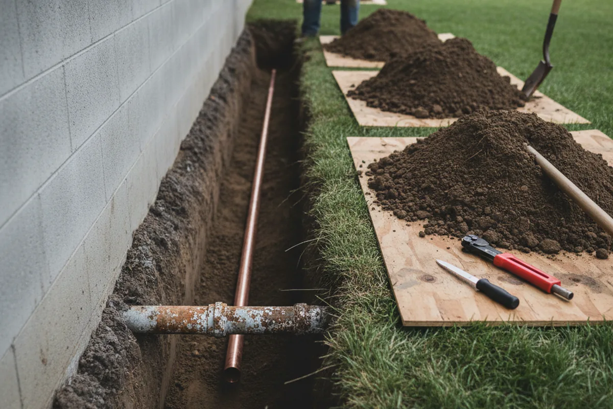 Excavated water line trench during Water Heater Repair in Arden